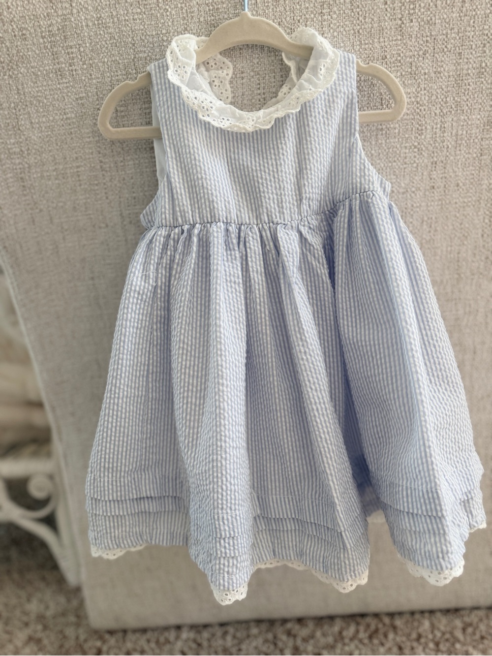 Cynthia Rowley: Blue Seersucker Lace-Trim Toddler Dress- size 24Months